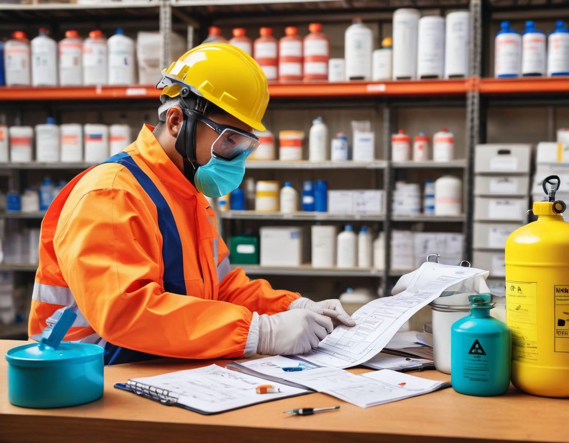 An organized, colorful illustration of a workplace setting featuring workers in protective gear, surrounded by labeled chemical containers with WHMIS symbols. A large, open manual with checklists and diagrams stands in the foreground. The atmosphere should emphasize safety and compliance with a touch of educational elements. vector art. vibrant colors.