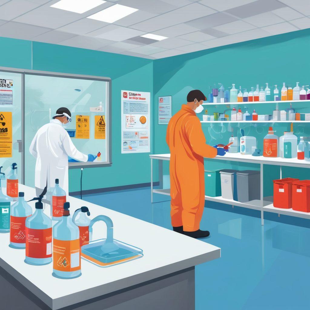 A detailed scene showing a laboratory environment with various chemicals, each clearly labeled with GHS symbols. Scientists wearing safety gear are engaging in compliance training activities like studying protocols, using safety equipment, and handling materials carefully. Background includes safety posters and emergency shower stations. Style: vector art. vibrant colors. clean lines.