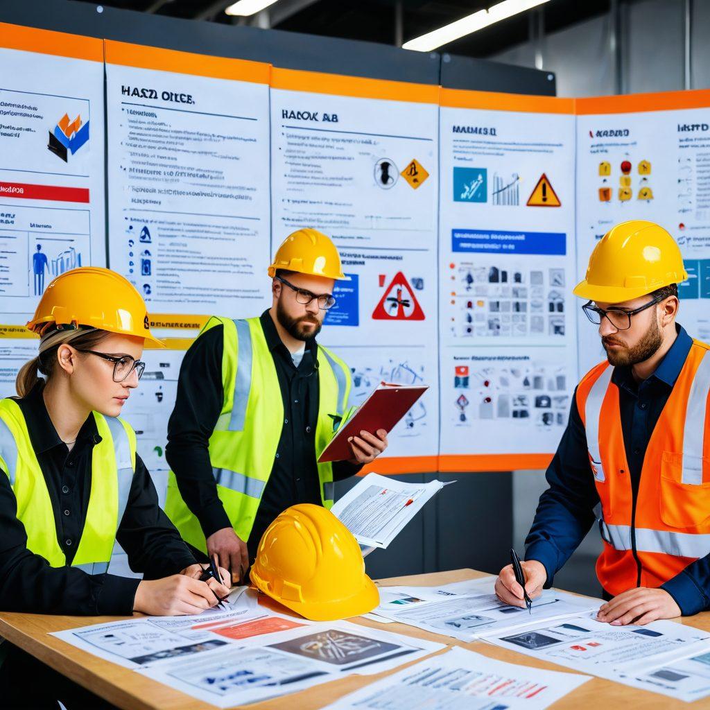 A modern workplace with workers in safety gear attentively reading hazard communication signs and manuals. Infographics illustrating the importance of hazard communication strategies adorn the walls. A safety officer conducts a training session with a diverse group of employees. vibrant colors. super-realistic. clean, professional look.